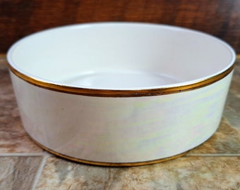 Vintage MCM Ikebana Style Vase | 1950s Iridescent White and Gold Round Planter | Hand Painted Santa Anita Ware