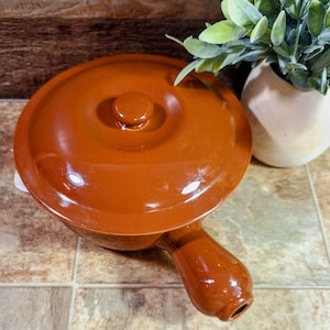 Vintage French Gourmet Casserole Dish with Handle and Lid | 1950s Halls Pottery #646 1.5 Pint Brown Covered Dish for Individual or Side Dish