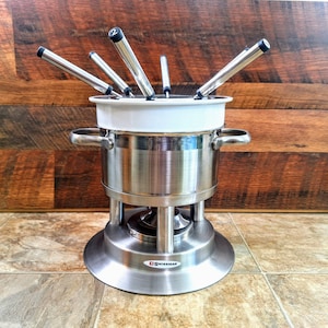 12 Piece Vintage Fondue Set | 1990s Stainless and Ceramic Pot with Lid, Stand, Heat Cup, and 6 Numbered Fondue Forks
