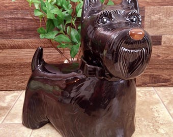 Vintage Scottie Dog Cookie Jar: Black Ceramic Unmarked Hand Painted Mid Century Style