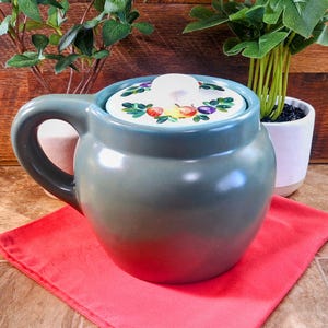 Vintage Handpainted Bean Pot | 1940s Ceramic Baking Crock with Lid, Cookie Jar, Canister | Green and Orange Decorative Pottery