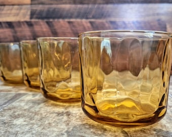 Vintage Set of 4 Juice Glasses | Mid Century Hazel Atlas Thumbprint Amber Glass Tumblers
