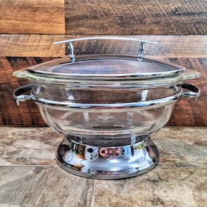 Cacerola vintage Fire King: fuente de vidrio moderna de mediados de siglo con calentador