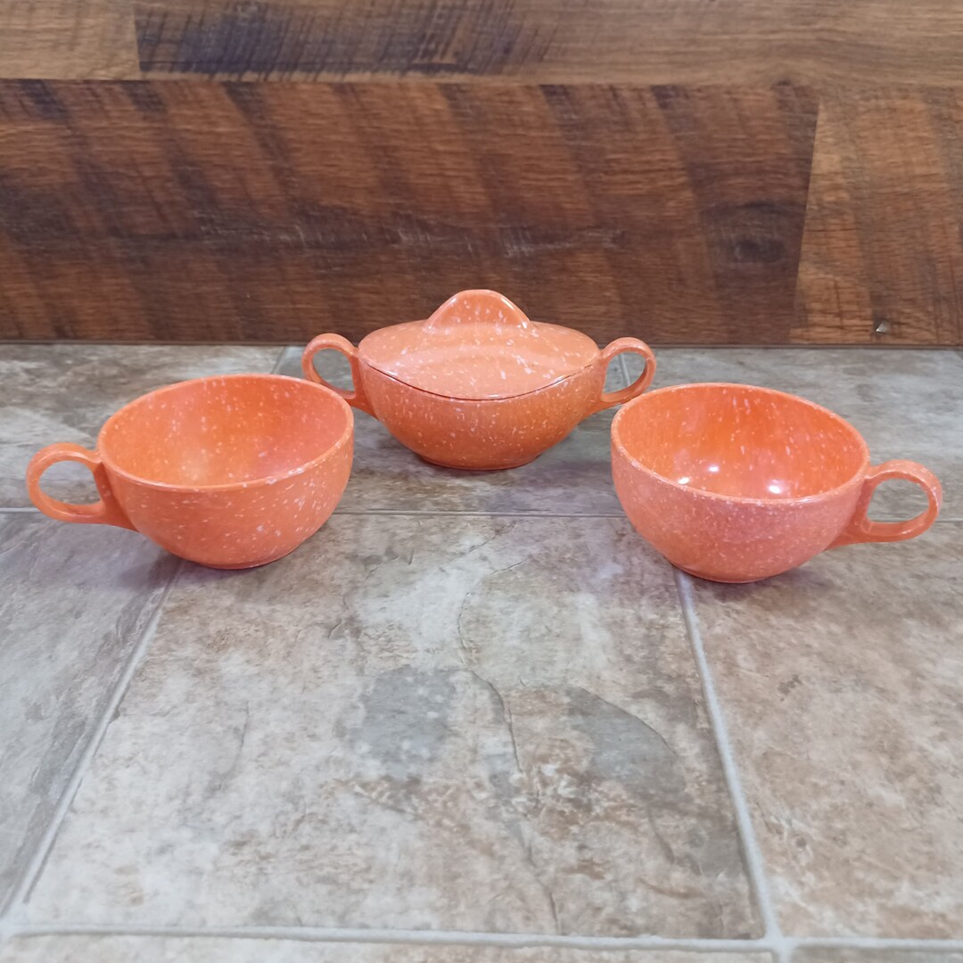 Mid Century Modern Melmac Sugar Bowl and Cups Vintage Confetti Melamine