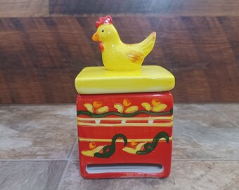 Vintage Chicken Tea Bag Caddy | Ceramic Yellow and Red Hen Box | Kitsch Kitchen Decor