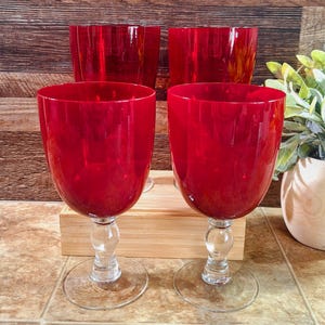 Vintage Ruby Red Wine Goblets | Choose Set of 4 or Set of 8 | 1970s Handblown Tall Wine Glass with Clear Stems