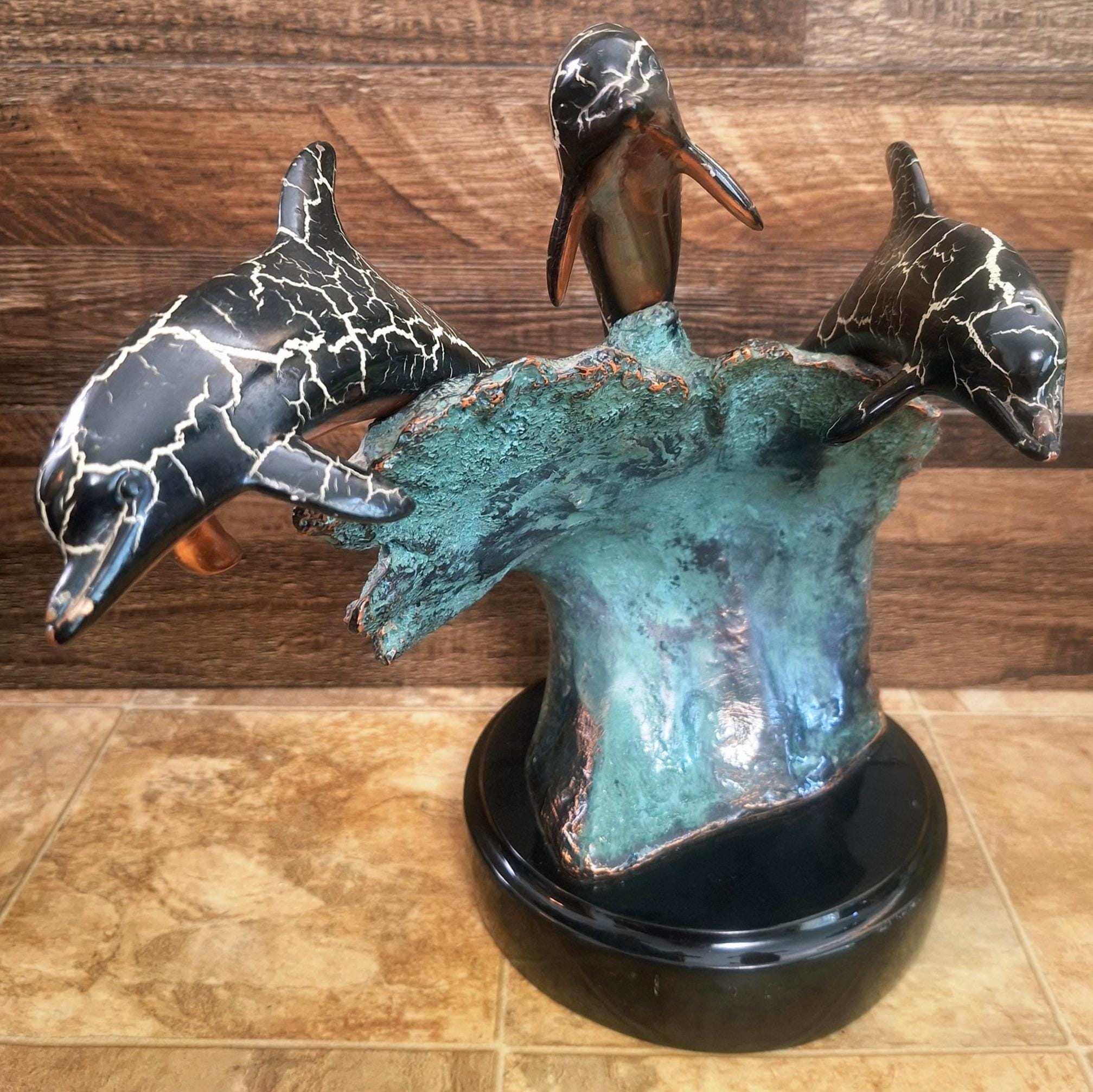 dv d'sign ベルギー製　アートオブジェセット Vintage Bronze Dolphin Joy Sculpture by DONJO: Signed, Dated