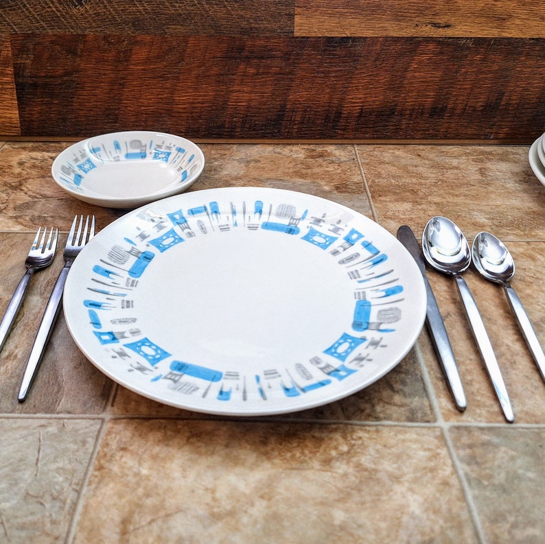 Set of 12 MCM Blue Heaven Dinner Plates and Salad Bowls 1950s Anchor