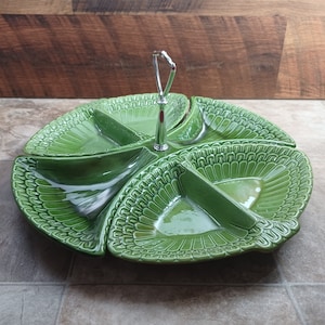 MCM Avocado Green Divided Serving Dish | Vintage California Pottery Buffet Plate | 1960s 3-Piece Ceramic Party Tray