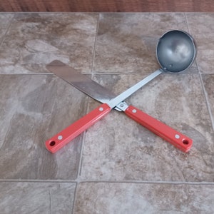 Vintage Orange Cooking Utensils | Mid Century Modern Soup Ladle and Spatula | 1960s Stainless Kitchen Tools | Vintage Kitchen