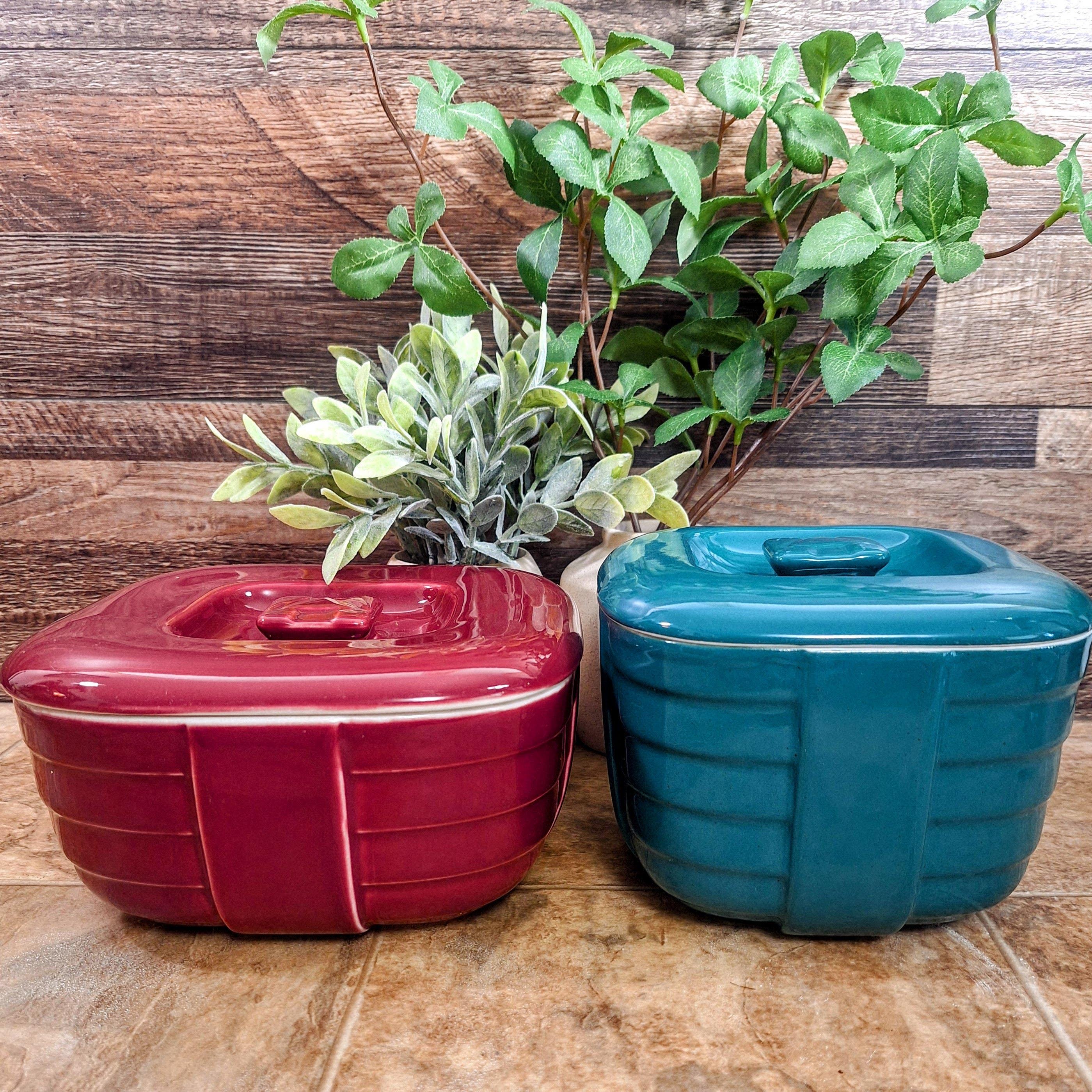 Vintage Art Deco Hall China Refrigerator Containers: Maroon & Pine