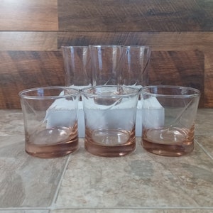 Set of 6 Vintage Blush Tinted Glasses | 1940s Mid Century Pink Swirl Glasses