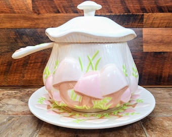 Vintage Mushroom Soup Tureen with Lid, Platter and Ladle | Merry Mushroom Pattern | Cottagecore Whimsical Bean or Chilli Server