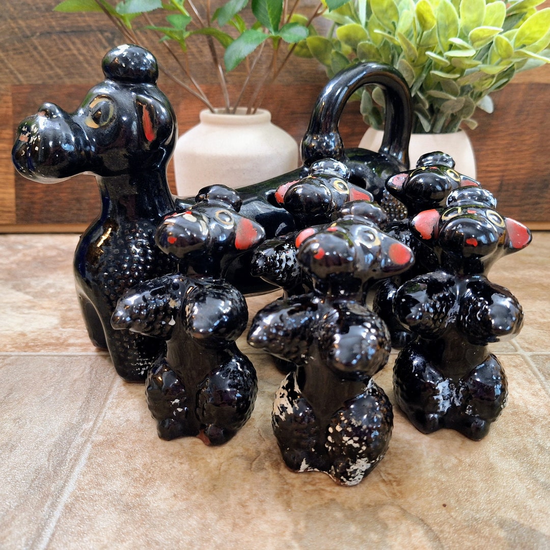 Vintage Redware Poodle Salt & Pepper Shakers With Caddy: 1950s