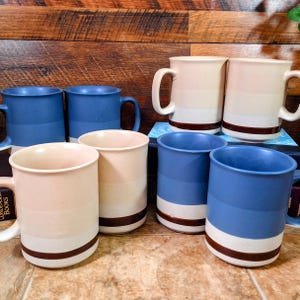 Set of 8 Vintage Otagiri Style Blue and Beige Stoneware Mugs | 1980s Color Block Coffee Tea Cup Set | Retro Diner Coffee Shop Mugs