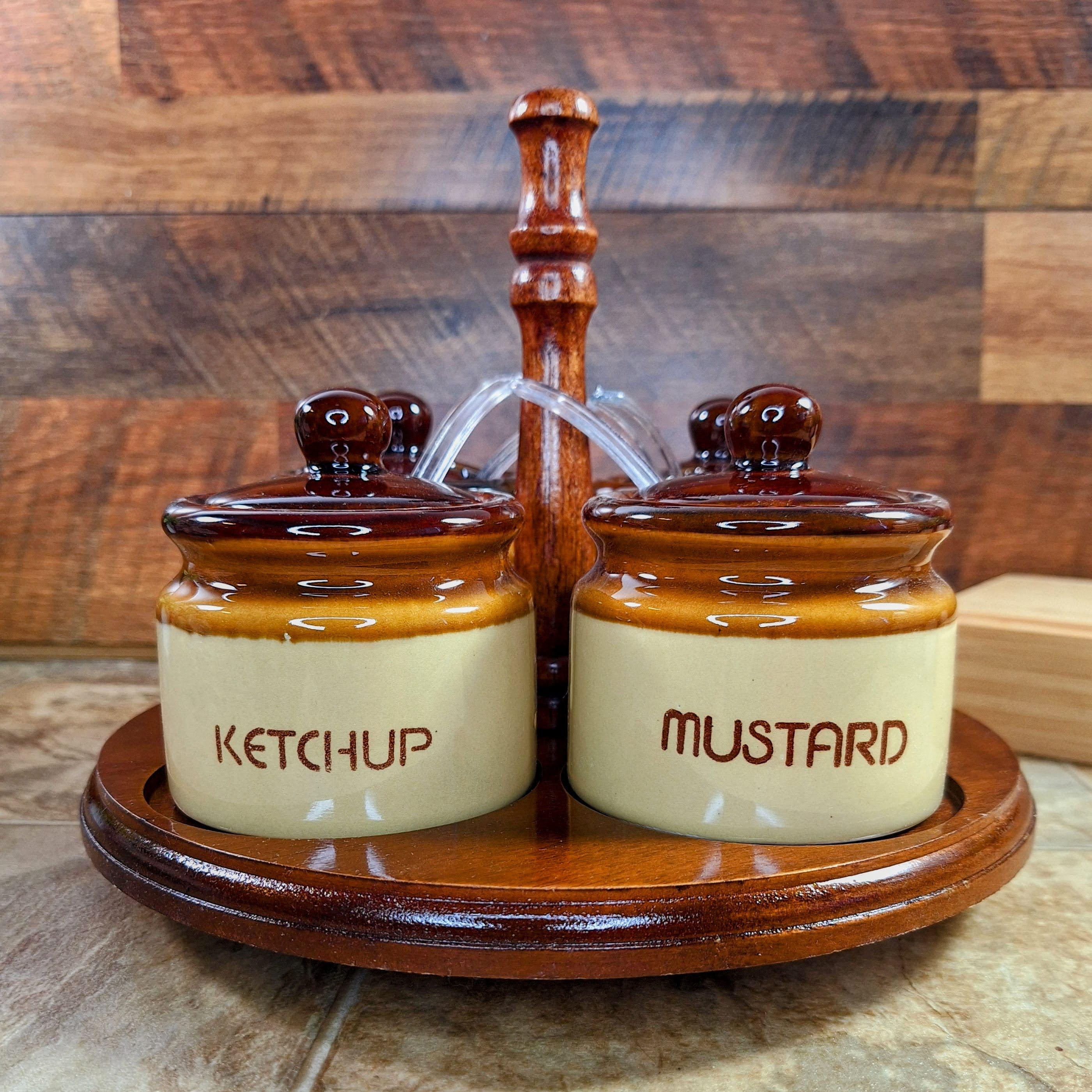 Vintage Stoneware Condiment Set: 1980s Lazy Susan With Mini Crocks