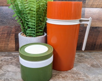 Vintage Thermos Set: Orange Bottle & Olive Food Jar