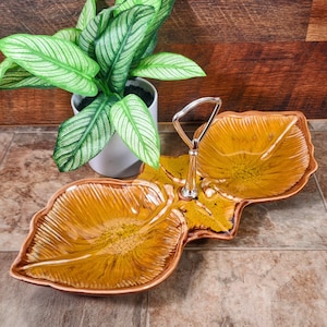 Mid Century Modern Divided Serving Dish | Vintage Gold Tidbit Tray with Handle | 1950s California Pottery Party Plate Serving Tray