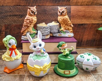 Whimsical Vintage Candle Decor | 1980s Bisque Candle Holders | Lefton Ceramics for Lunds Lites | Owl, Bunny, Duck, Leprechaun, Shamrock