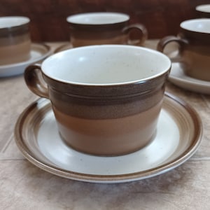 Mid Century Stoneware Mug Set of 6 | Vintage Mikasa Coffee Tea Mugs | 1970s Japanese Speckled Stoneware Mugs and Saucers