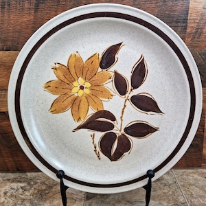 Vintage 12 inch Stoneware Serving Platter | 1970s Mid Century Speckled Stoneware Dish | Orange and Yellow Flower Design