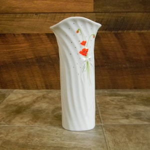 Vintage Japanese White Vase | 1970s Vintage White Vase | White Vase with Red Flowers | Vintage Poppy Vase