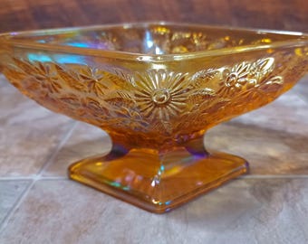 Vintage Amber Carnival Glass Compote: 1970s Indiana Glass Pineapple Floral Dish