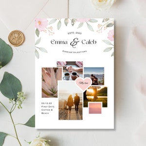 Cartão personalizado de Dia dos Namorados | Colagem de fotos editável com nomes e datas | Lembrança romântica personalizada