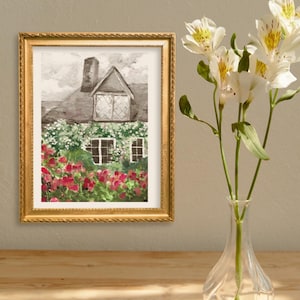 Cottagecore Rosengarten Kunstdruck - 4x6 Postkartengröße - Gemütliche englische Cottage Wandkunst - Romantische Blumenmalerei - Vintage Style Wohndekor