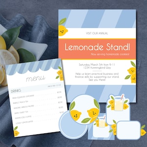 Lemonade Stand Flyer and Menu, Stickers and Labels, Name Tags and Logos, Kids Summer Activity, Homeschool Resource