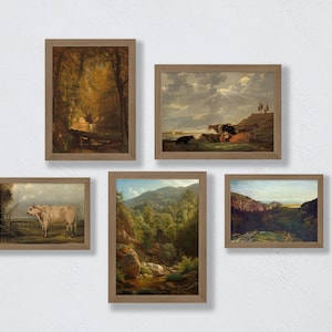 Set di 5 arte da parete rustica della Galleria della fattoria con un paesaggio di campagna vintage e mucche che è un download digitale stampabile