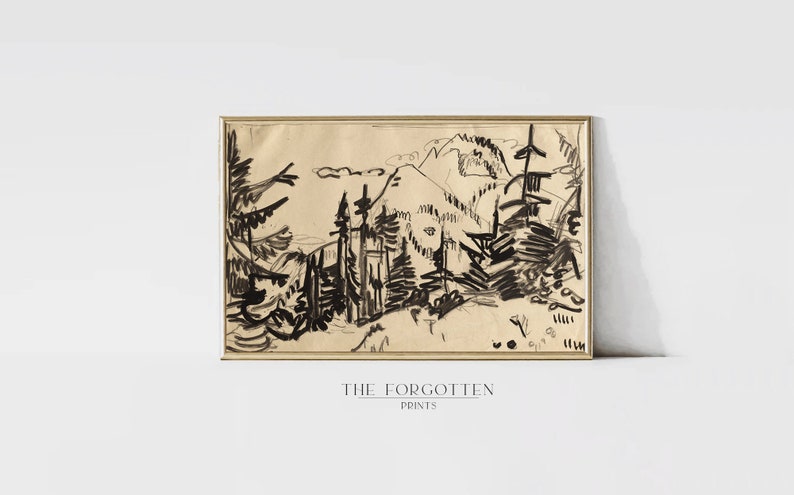 K&ouml;nnte beinhalten: Eine gerahmte Landschaftsskizze in schwarzer Tinte auf beigem Papier. Das Kunstwerk zeigt eine Bergkette, B&auml;ume und Wolken. Der Rahmen ist goldfarben. Der Text "THE FORGOTTEN PRINTS" befindet sich unten.