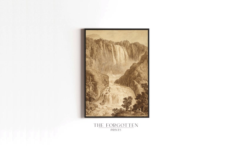 K&ouml;nnte beinhalten: Ein gerahmter Sepia-Druck eines Wasserfalls in einer Berglandschaft. Das Kunstwerk, in einem schwarzen Rahmen, hat detaillierte Schattierungen und eine klassische &Auml;sthetik. Der Druck enth&auml;lt den Text "THE FORGOTTEN PRINTS" am unteren Rand.