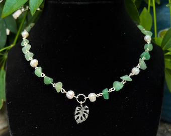 Leaf Pendant Crystal Necklace | Green Aventurine | Adjustable |