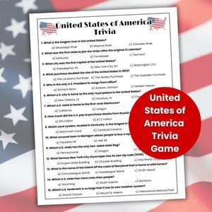United States of America Trivia Game, USA Trivia, History Classroom, 4th of July Game, Memorial Day Games, Games for Seniors, Road Trip Game
