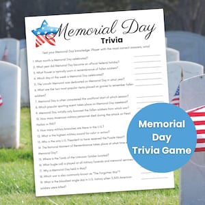Memorial Day Trivia, Patriotic Games, Memorial Day Games, Memorial Day Quiz, America Trivia, Spring Trivia, Large Group Games, Veterans Game