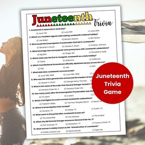Jogo de curiosidades Juneteenth, jogos Juneteenth, atividade Juneteenth, jogo de festa Juneteenth, curiosidades sobre o feriado negro, jogo de história negra, noite de curiosidades