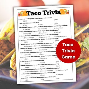 Jogo de perguntas e respostas sobre tacos, Fiesta Taco Trivia, Jogo de festa de tacos, Trivia sobre comida, Jogo de festa de aniversário de tacos, Jogos de noite de tacos, Jogo de festa mexicana