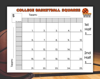 College Basketball 25 Squares Game, Sports Betting Game, March College Basketball Tournament, Office Betting Game, Grid Template, Madness