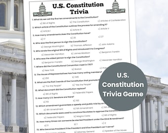 Puede incluir: Un juego de preguntas y respuestas sobre la Constitución de los Estados Unidos, imprimible, con un fondo blanco y una ilustración azul y blanca del Capitolio. El juego presenta 15 preguntas de opción múltiple sobre la Constitución de los Estados Unidos.