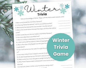 May include: A blue and white printable winter trivia game with snowflakes and the text "Winter Trivia Game". The game includes 19 questions about winter, such as what country hosted the first Winter Olympics, how many sides does a snowflake have, and what is the name of the dogsled race that goes from in early March?