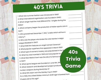 40s Trivia Game, 40s Theme Party Game, Decades Trivia, Patriotic Games, 1940s Trivia, Senior Citizen Game, Nursing Home Game, 80th Birthday