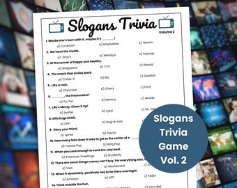 Op de afbeelding: Een zwart-witte printbare trivia-game met de titel "Slogans Trivia Game Vol. 2". De game bevat 15 vragen over populaire merk slogans. Elke vraag heeft drie multiple-choice antwoorden.