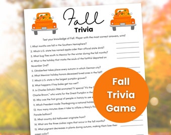 Op de afbeelding: Een printbaar herfst-trivia-spel met een rode vrachtwagen die pompoenen vervoert en een grote oranje cirkel met de tekst "Herfst-trivia-spel". Het spel bevat 19 trivia-vragen over het herfstseizoen.