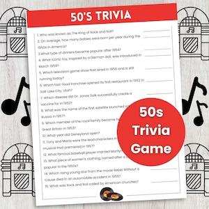 Gioco a quiz anni '50, gioco per feste a tema anni '50, gioco a quiz per adolescenti e adulti, gioco per feste in ufficio, gioco a quiz da pub