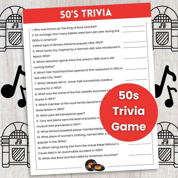 50s Trivia Game, 50s Theme Party Game, Trivia Game for Teens and Adults, Office Party Game, Pub Trivia