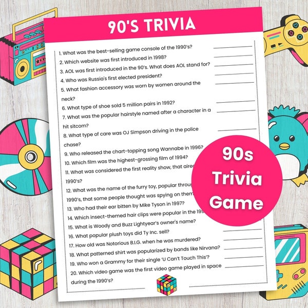 90s Trivia Game, 90s Theme Party Game, Trivia Game for Teens and Adults, Office Party Game, Pub Trivia