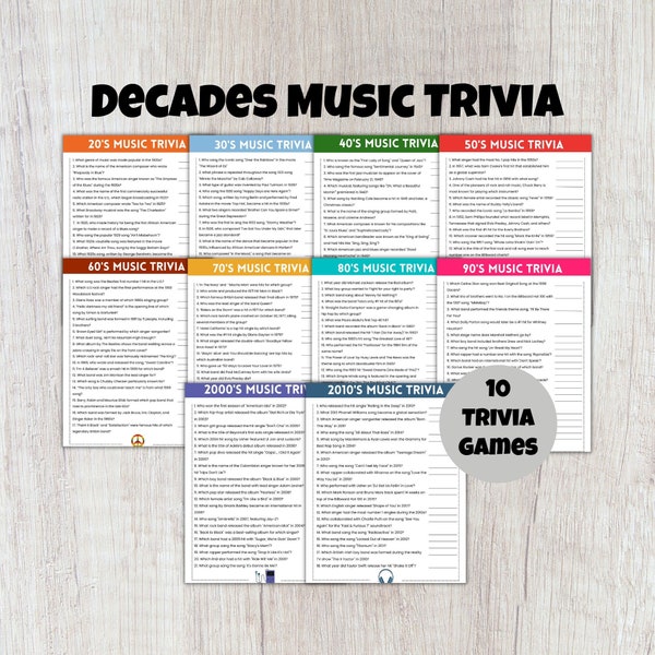 Music Trivia Game, Decades Trivia Game, Decades Party Game, 90s Trivia, 80s Trivia, Trivia Questions, Pub Trivia, Adult Trivia