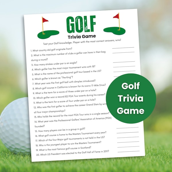 Golf Trivia Game, Golf Printable Game, Sports Trivia, Trivia Questions, Masters Golf Party, Trivia Game for Kids and Adults