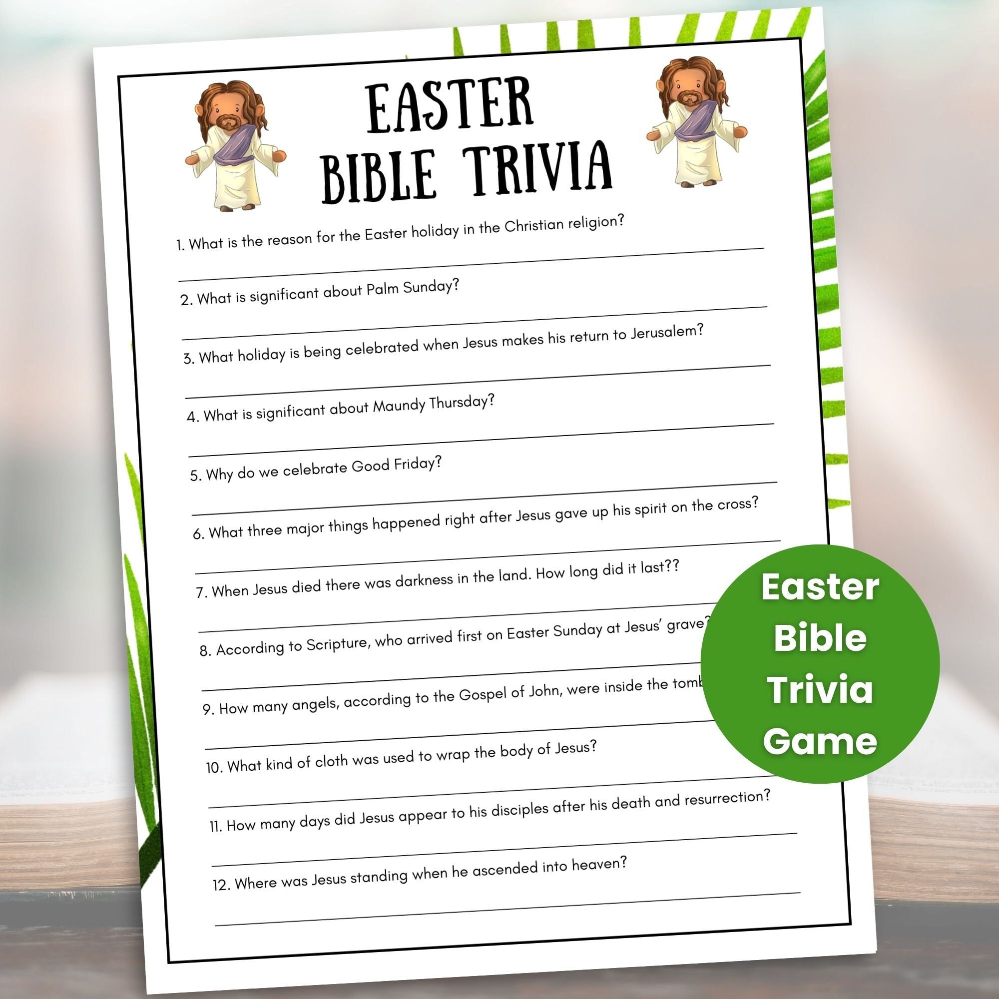Easter Bible Trivia Game Printable, Christian Easter Games, Sunday